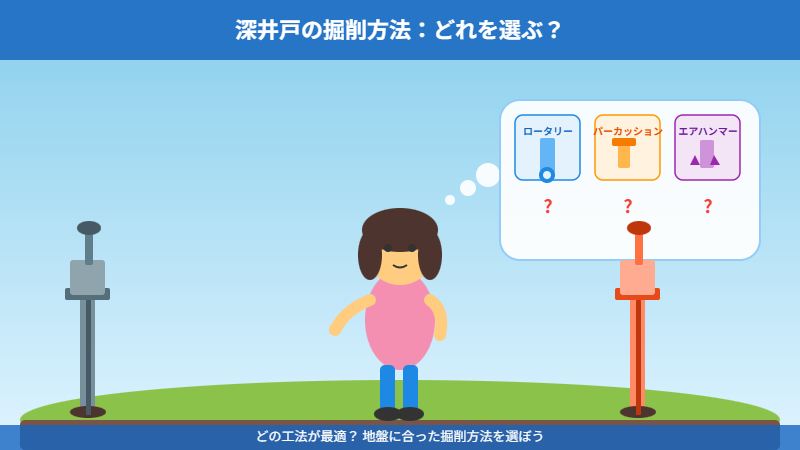 深井戸の掘削方法（ロータリー・パーカッション・エアハンマー）を比較する女性のイラスト
