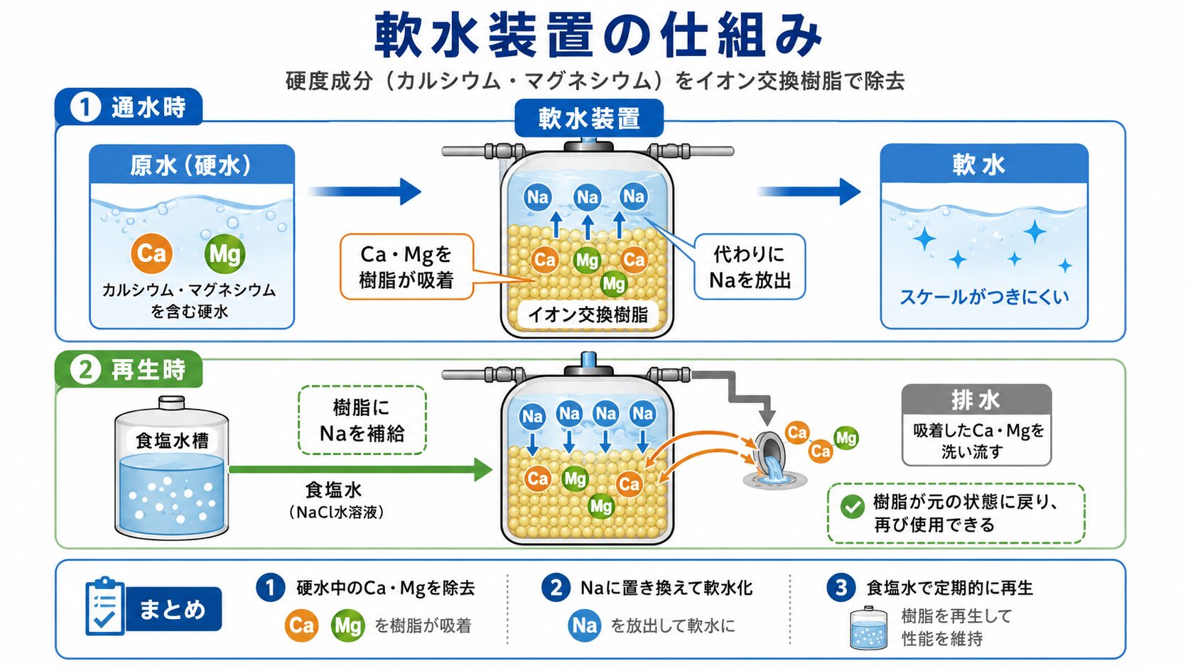 軟水装置（軟水器）の仕組み｜イオン交換樹脂による硬度成分除去のイメージ