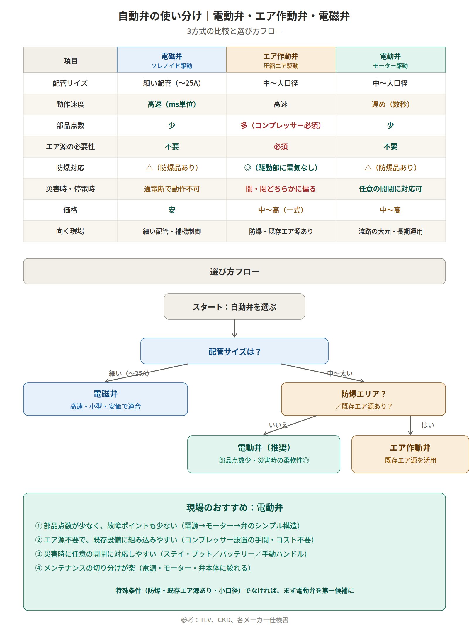 電動弁・エア作動弁・電磁弁 比較表